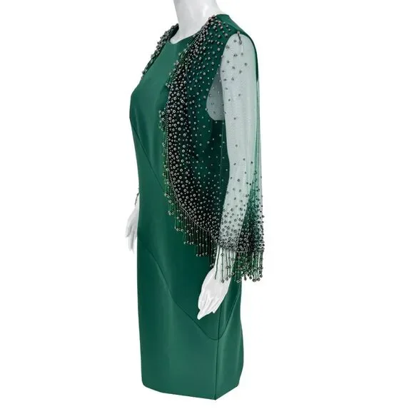 Pamella Roland | Dresses | Pamella Roland Rich Forest Green Beaded Overlay  Cut Out Long Sleeve Cape Dress | Poshmark